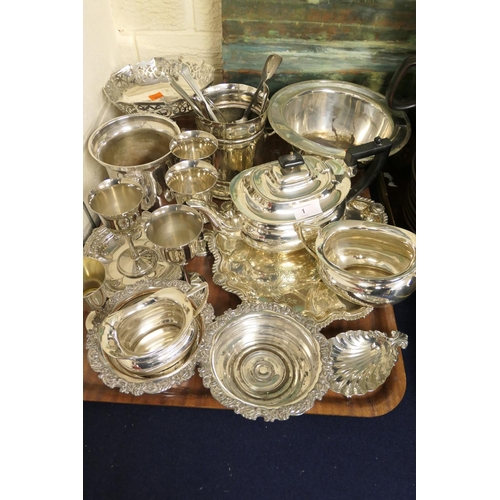 1 - Assortment of Victorian and later silver plated wares including a salver, bottle coasters, three pie... 