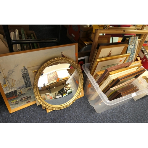 111 - Assorted framed pictures and prints including two modern mirrors and a gilt framed convex wall mirro... 