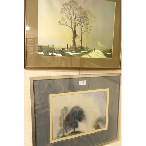 4 - Watercolour landscape with trees, indistinctly signed Mayer, dated 1985; also further framed picture... 