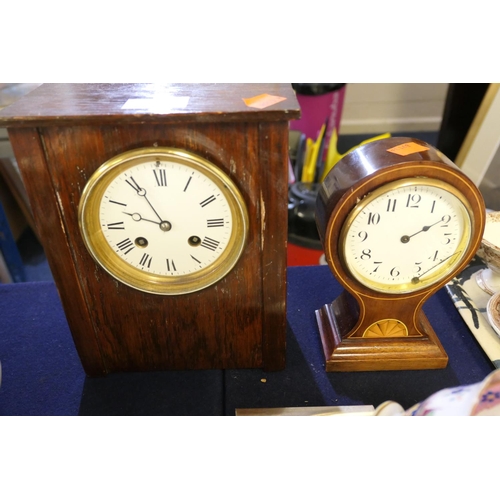 62 - Edwardian mahogany and inlaid balloon shaped mantel timepiece and a further mantel clock (2)