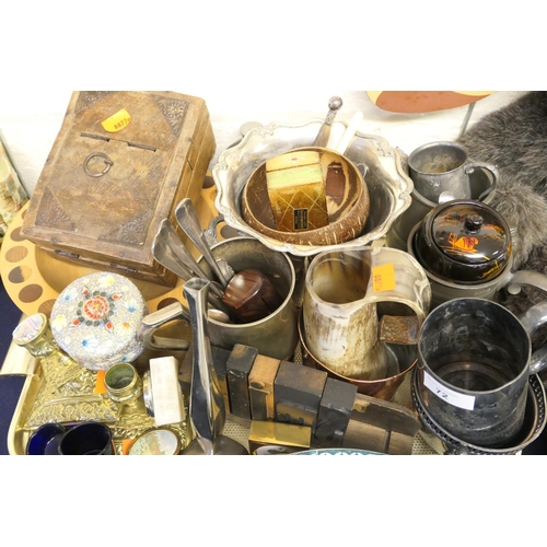 72 - Miscellaneous items including pewter tankards, pair of brass candlesticks, treen items etc.