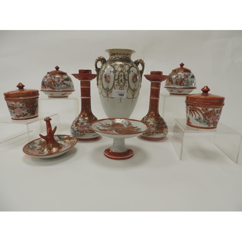 180 - Japanese porcelain twin handled vase, pair of Japanese Kutani part dressing table set, candlesticks,... 