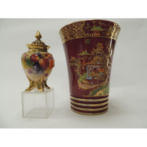 219 - Carlton ware chinoiserie rouge trumpet vase; also a Royal Worcester Berries jar and cover (af)