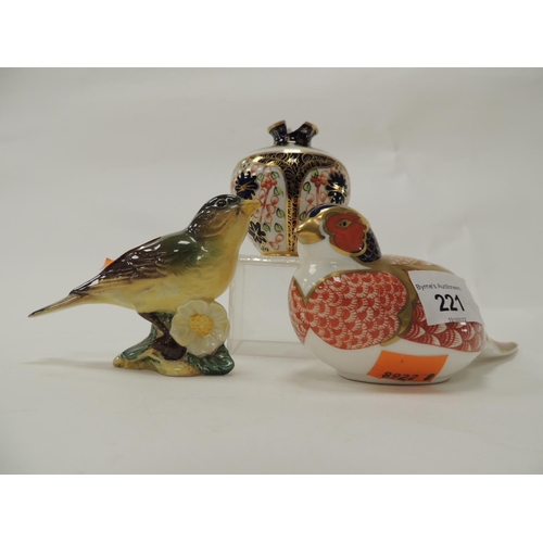 221 - Royal Crown Derby pheasant paperweight (second); also a Beswick greenfinch and a Royal Crown Derby s... 