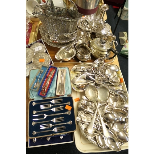 112 - Assorted silver plated wares including loose cutlery, coasters, bonbon dishes, tea wares, pens etc.