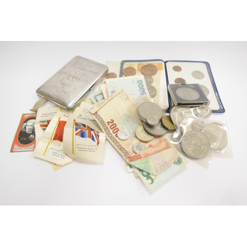 416 - Mixed British and world coins, a number of banknotes and a metal cigarette case