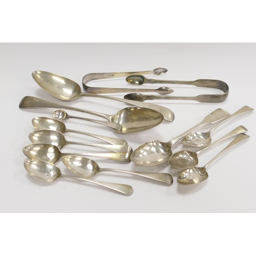 430 - Assortment of Georgian and later silver flatware including two tablespoons, two pairs of sugar tongs... 