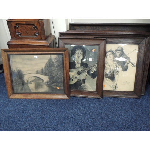 486 - Number of oak framed charcoal and pastel drawings, signed E. J. Richards, circa 1910-20 (8)