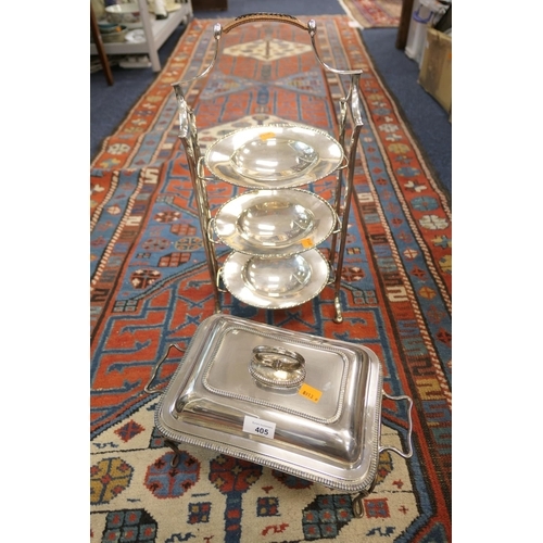 405 - Silver plated tureen and cover on stand and a silver plated three tier cake stand (2)