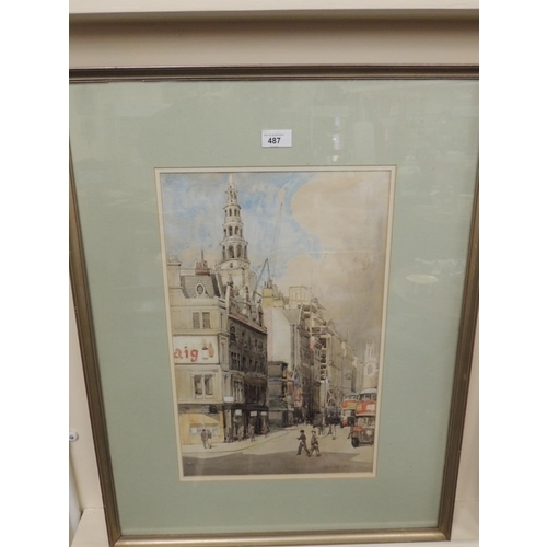 487 - Denys George Wells (1881-1973), Fleet Street & St. Bride's Church, circa 1937, watercolour over penc... 