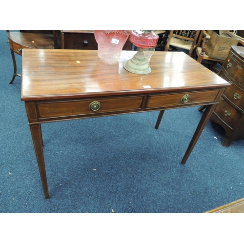 638 - Edwardian mahogany and inlaid two drawer side table, width 112cm