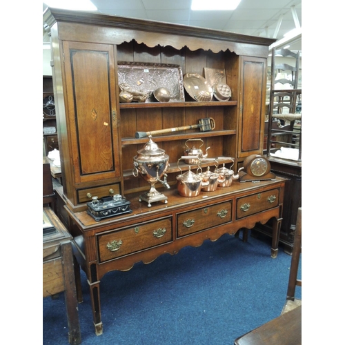 656 - Early 19th Century oak inlaid three drawer dresser and boarded plate rack, width 194cm, height 205cm