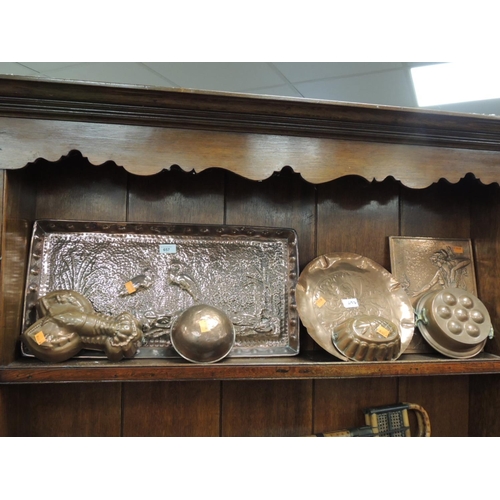 657 - Arts & Crafts period copper tray, other copper wares including moulds (7)