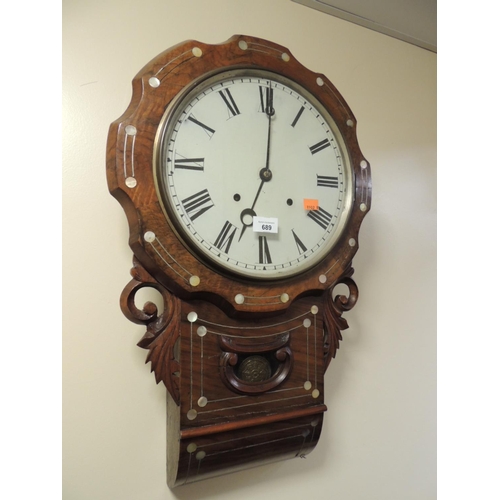 689 - Victorian walnut and mother-of-pearl inlaid drop trunk wall clock