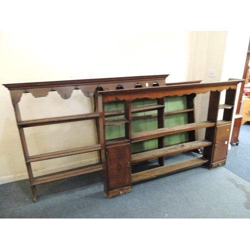 554 - George III oak and mahogany banded plate rack, width 178cm, height 118cm and two further Georgian pl... 