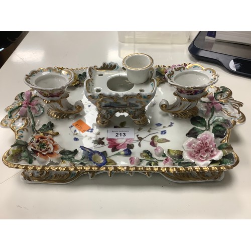 213 - English porcelain inkstand, circa 1850, a pair of French porcelain vases in the Sevres style (3)