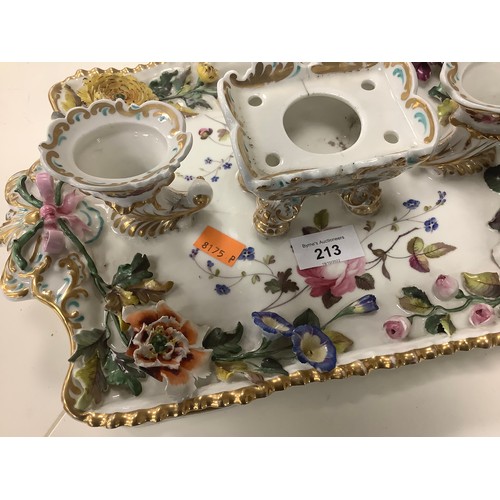 213 - English porcelain inkstand, circa 1850, a pair of French porcelain vases in the Sevres style (3)