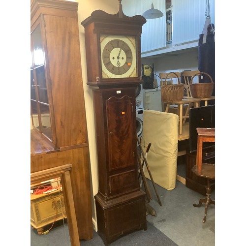 557 - Irish mahogany eight day long case clock painted dial with brass chapter ring signed George Joyce an... 