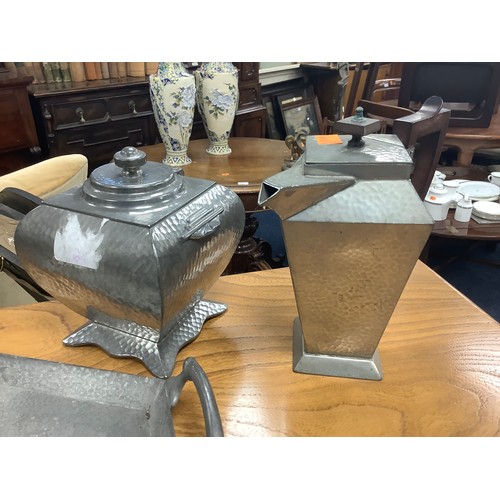 790 - Pewter four piece tea service Art Deco style with a tray and similar biscuit barrel (6)