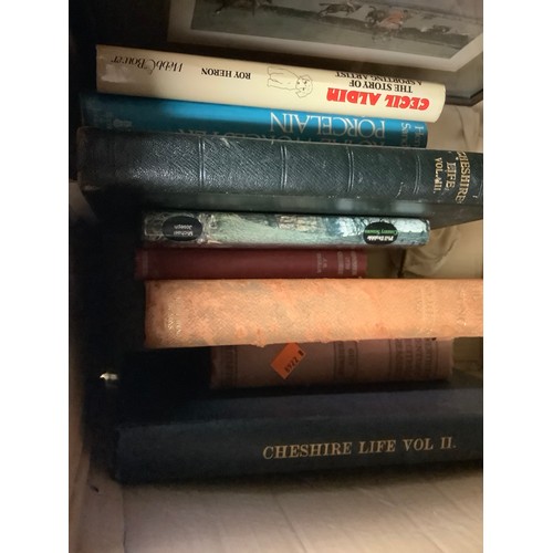 122 - Assorted books including Cheshire subjects, antique collections; also Victorian remembrance plaque d... 