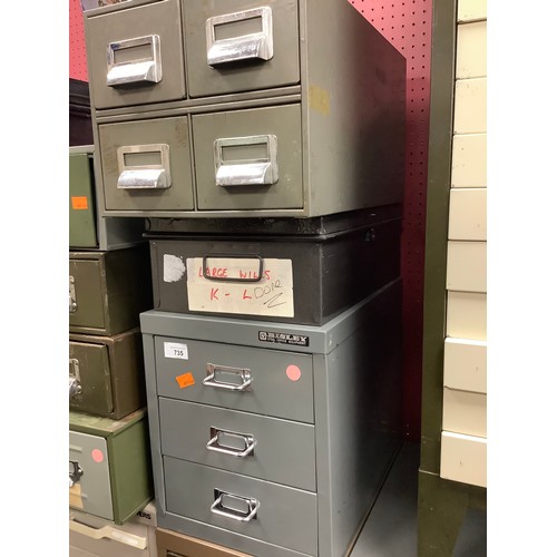 735 - Vintage four drawer metal filing card cabinet, small Bisley three drawer filing cabinet, four furthe... 