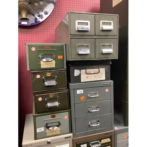 735 - Vintage four drawer metal filing card cabinet, small Bisley three drawer filing cabinet, four furthe... 