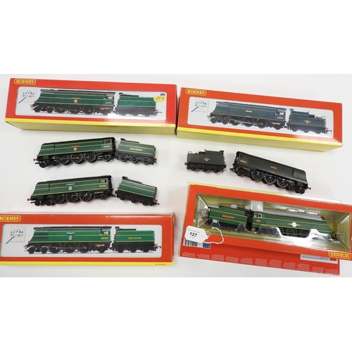 127 - Hornby 00 gauge, Merchant Navy Class, Southern loco and tender, 'Channel Packet' (boxed); also Battl... 