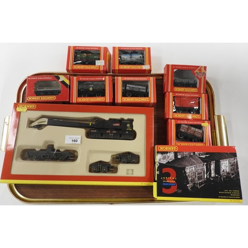 160 - Hornby 00 gauge, rolling stock, comprising BR breakdown crane, weathered edition (boxed), three weat... 