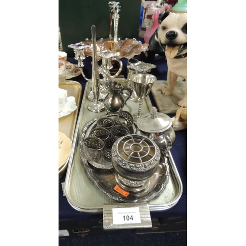 104 - Mixed silver plated wares including pedestal mounted and handled copper plated serving bowl, please ... 