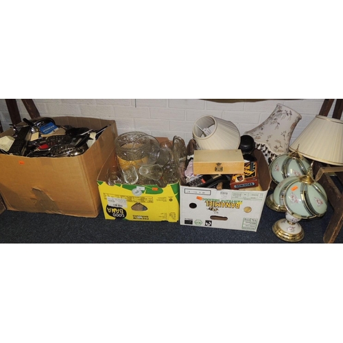 22 - Mixed household wares including pots, pans, glassware, miscellany and table lamps (3 boxes)