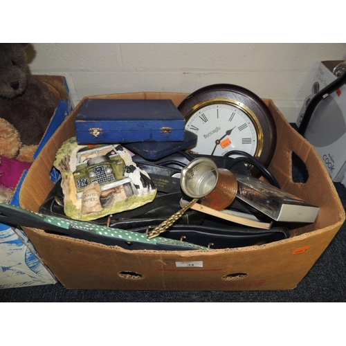 34 - Small box of household wares including Miss Selfridge leather bag, wall clock, mantel clock etc. (1 ... 