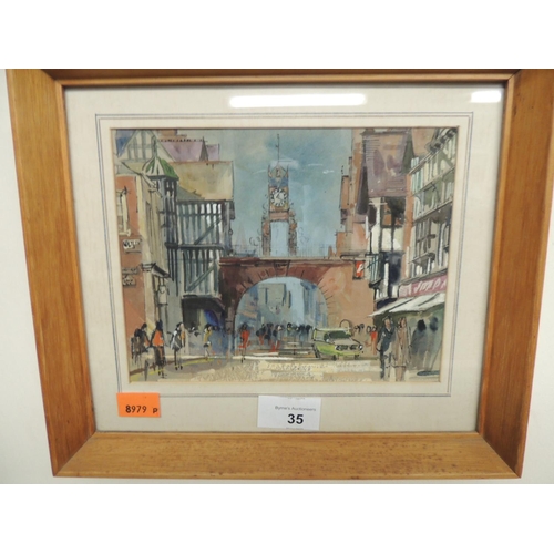 35 - W. E. Whitehead, mixed media watercolour and pen of the Eastgate Clock, Chester, signed on reverse a... 