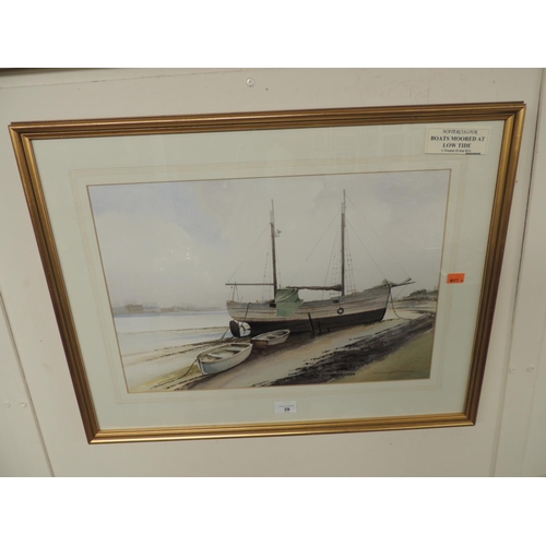 39 - G. Douglas Hislop, 'Boats moored at low tide' watercolour, signed and framed