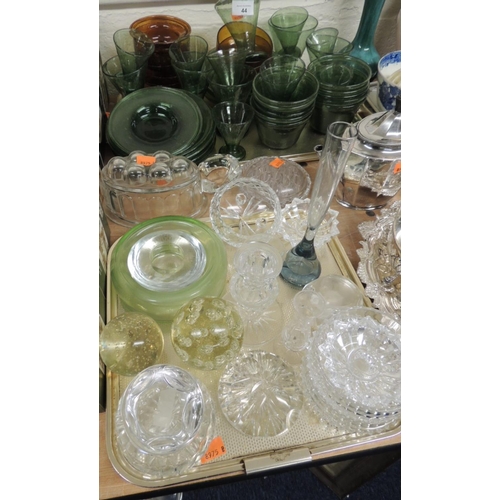 44 - Green and amber ground Victorian dessert glassware, glass jelly mould and paperweights, blue and whi... 