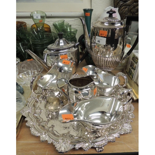 46 - Mixed silver plated wares including coffee pot, pair of sauceboats and a foot mounted gravy boat, en... 