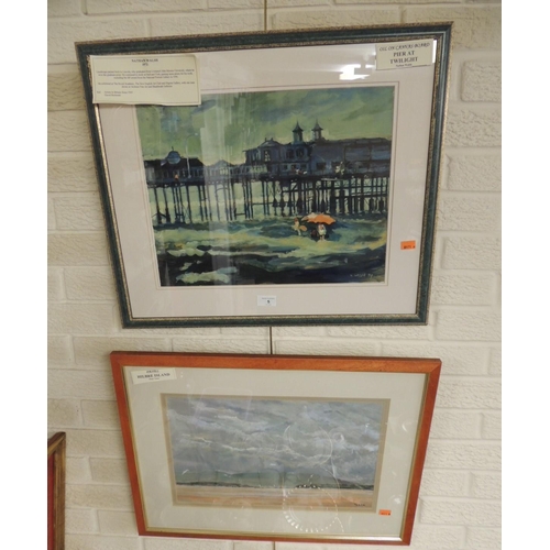 5 - Nathan Walsh, oil on canvas board, 'Pier at twilight', framed; also a Peter Teece, pastel of Hilbre ... 