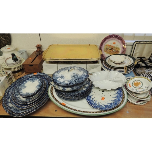 52 - Large Wedgwood meat drainer, part Victorian blue and white dinner service, mixed collectors' plates ... 