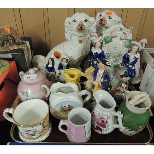 61 - Victorian and later ceramics including a pair of Staffordshire spaniels, five Staffordshire flat bac... 