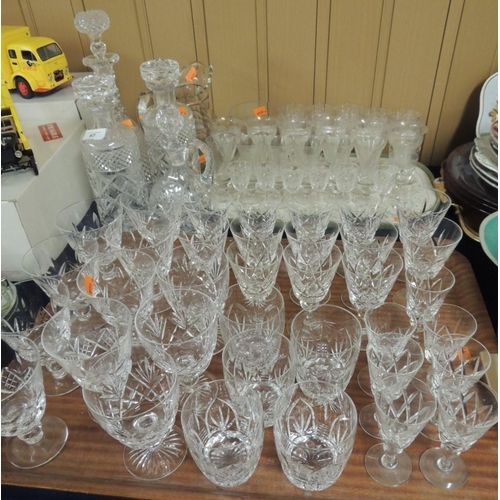 67 - Mixed glassware including a pair of cut glass decanters with mis-matched stoppers, further decanter,... 