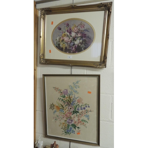 72 - Floral needlepoint and a gilt framed floral still life (2)