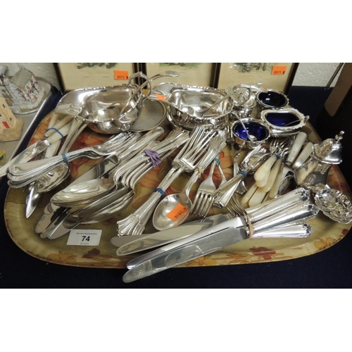 74 - Mixed silver plated wares including a pair of foot mounted sauceboats, one with labels, mixed condim... 