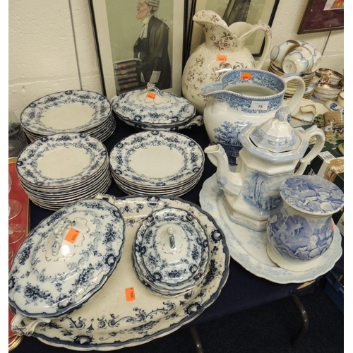 79 - Mixed Victorian blue and white ceramics including a large ale jug, dinner service, water jugs, lidde... 