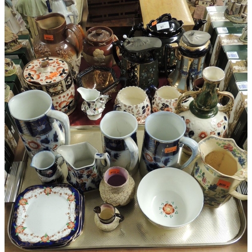 97 - Mixed Victorian wares including teapots, water jugs, biscuit barrel, side plates; also salt glazed t... 