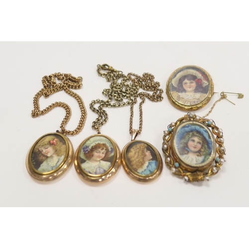 292 - Number of brooches and lockets enclosing prints after Eva Hollyer in gold plated frames and gold pla... 