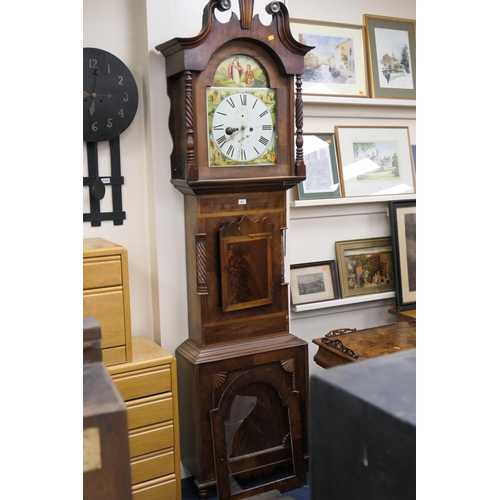 447 - Huddersfield mahogany eight day long case clock with painted dial (requires restoration), two weight... 