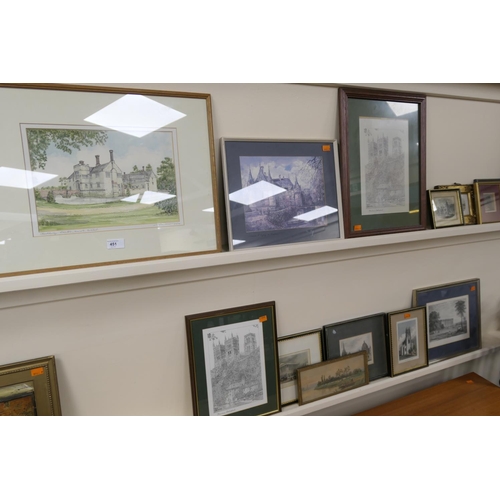 451 - Framed metal relief plaque of Wagner, twelve framed prints featuring historic buildings (13)