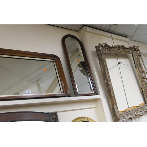 454 - Victorian walnut and inlaid small over mantel mirror, mahogany framed arched bevelled glass wall mir... 