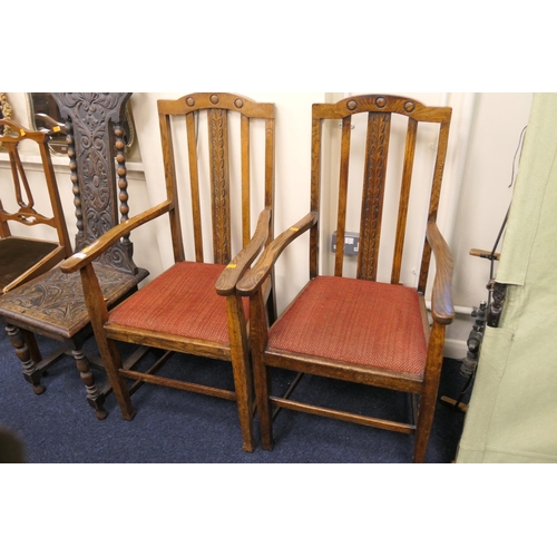 458 - Pair of George V oak slat back armchairs