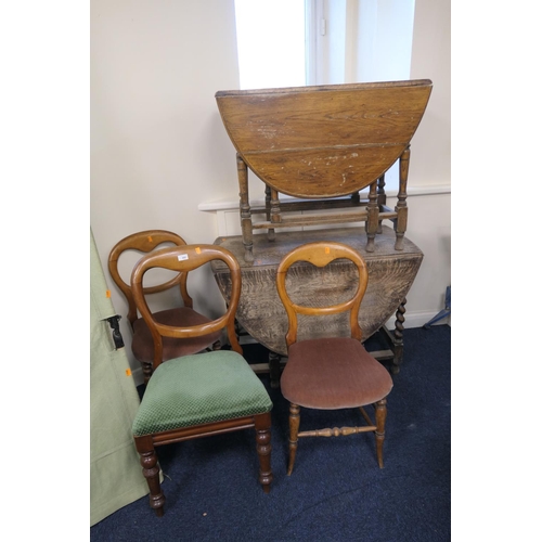 460 - Two oak gateleg tables, three Victorian balloon back side chairs