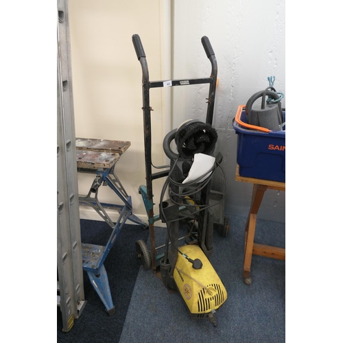 465 - Karcher pressure washer, push along seed drill and a sack trolley (3)